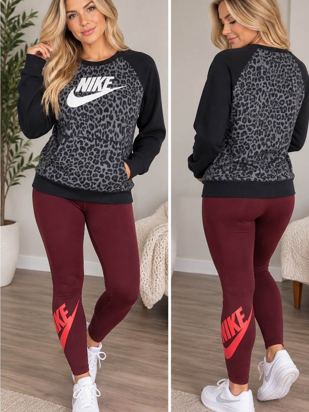 Nike Women's medium Burgundy Leggings with crewneck outfit